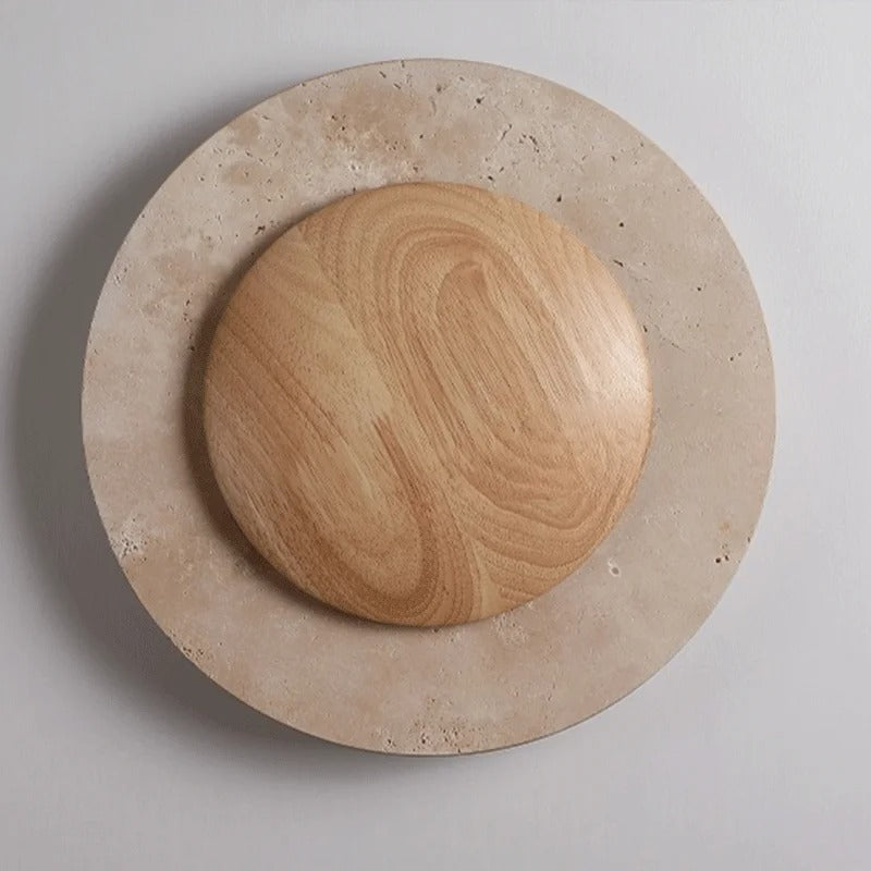 Round Travertine Wood Wall Lamp