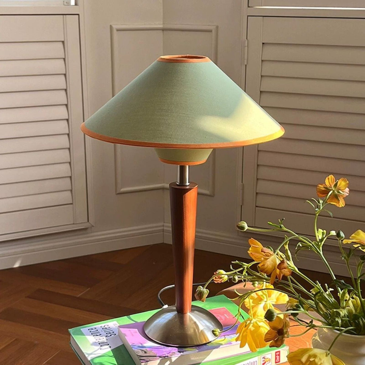 Mori lamp with sage green shade at home