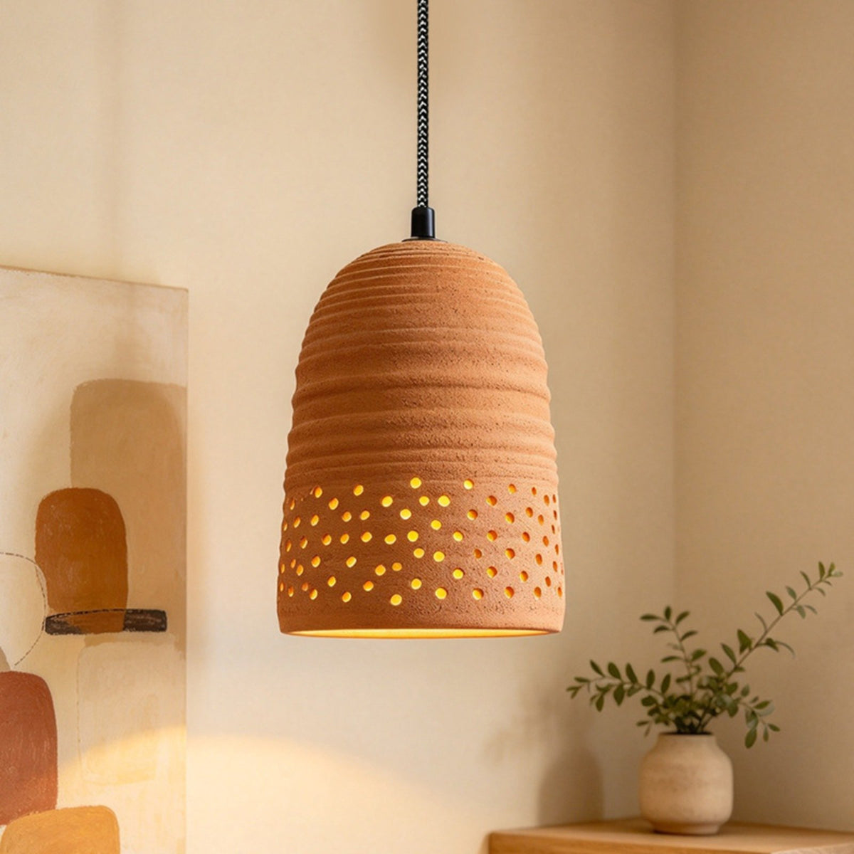 Brasa terracotta bell pendant casting dotted light