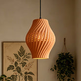 Brasa terracotta swirl pendant above a console