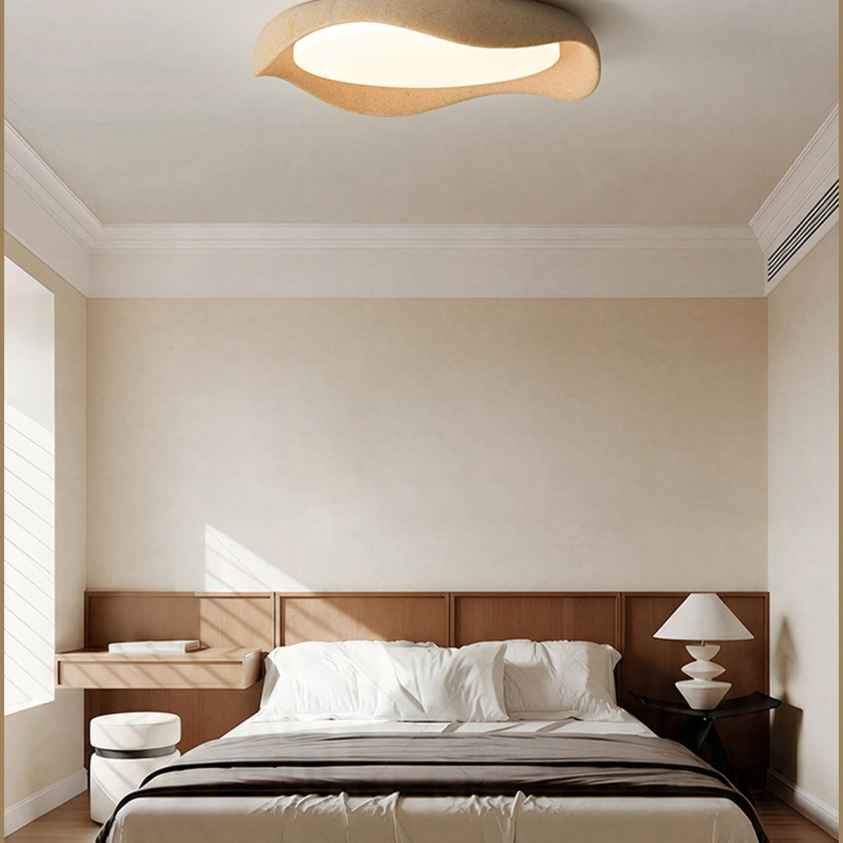 Nami flush mount in a warm-toned bedroom