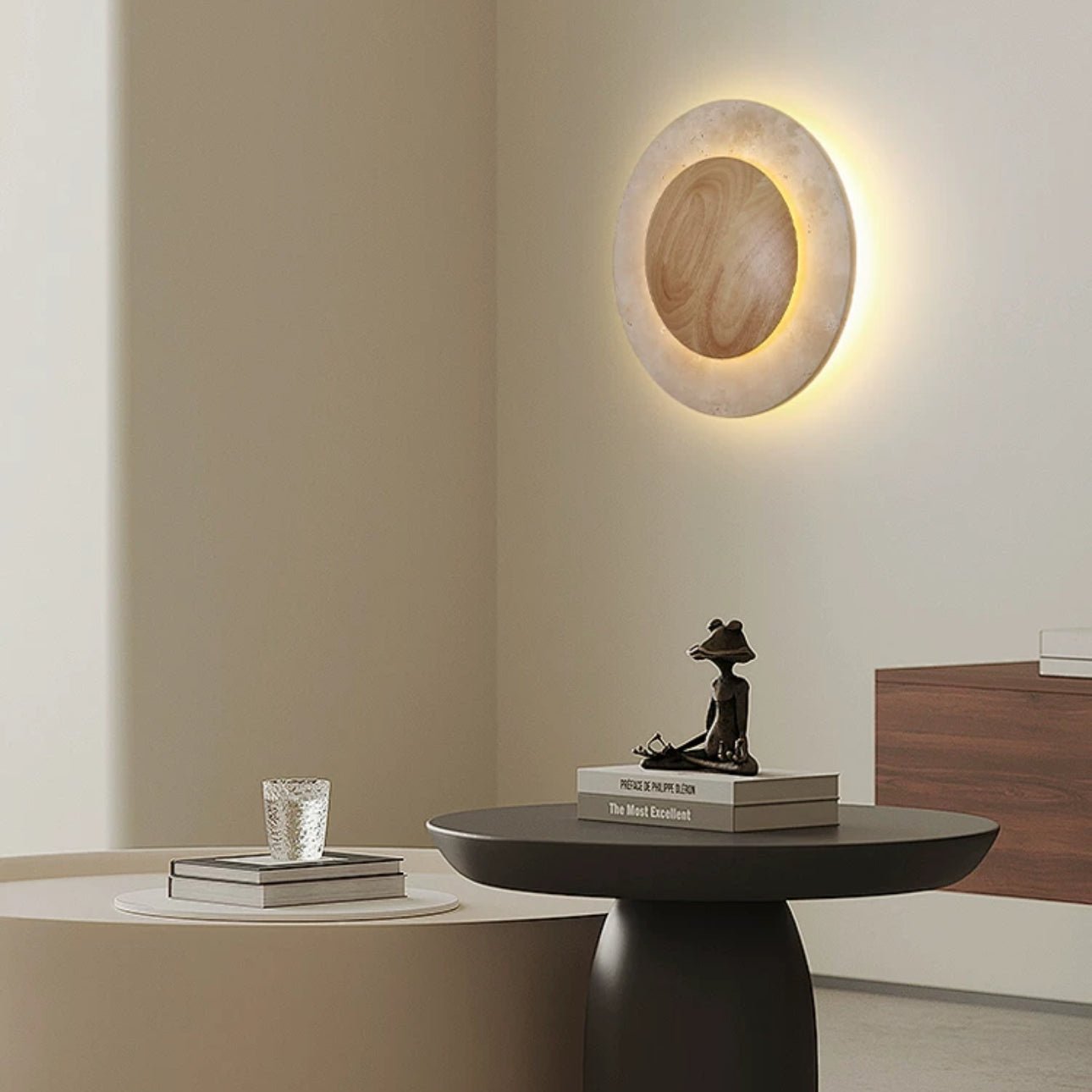 Round Travertine Wood Wall Lamp