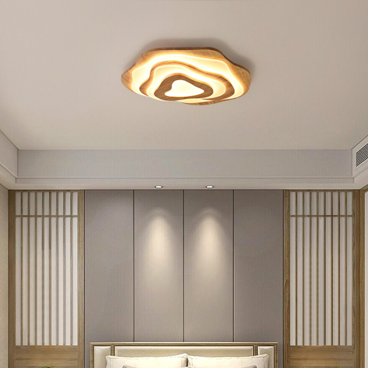 Sazanami natural wood ceiling light above a bed