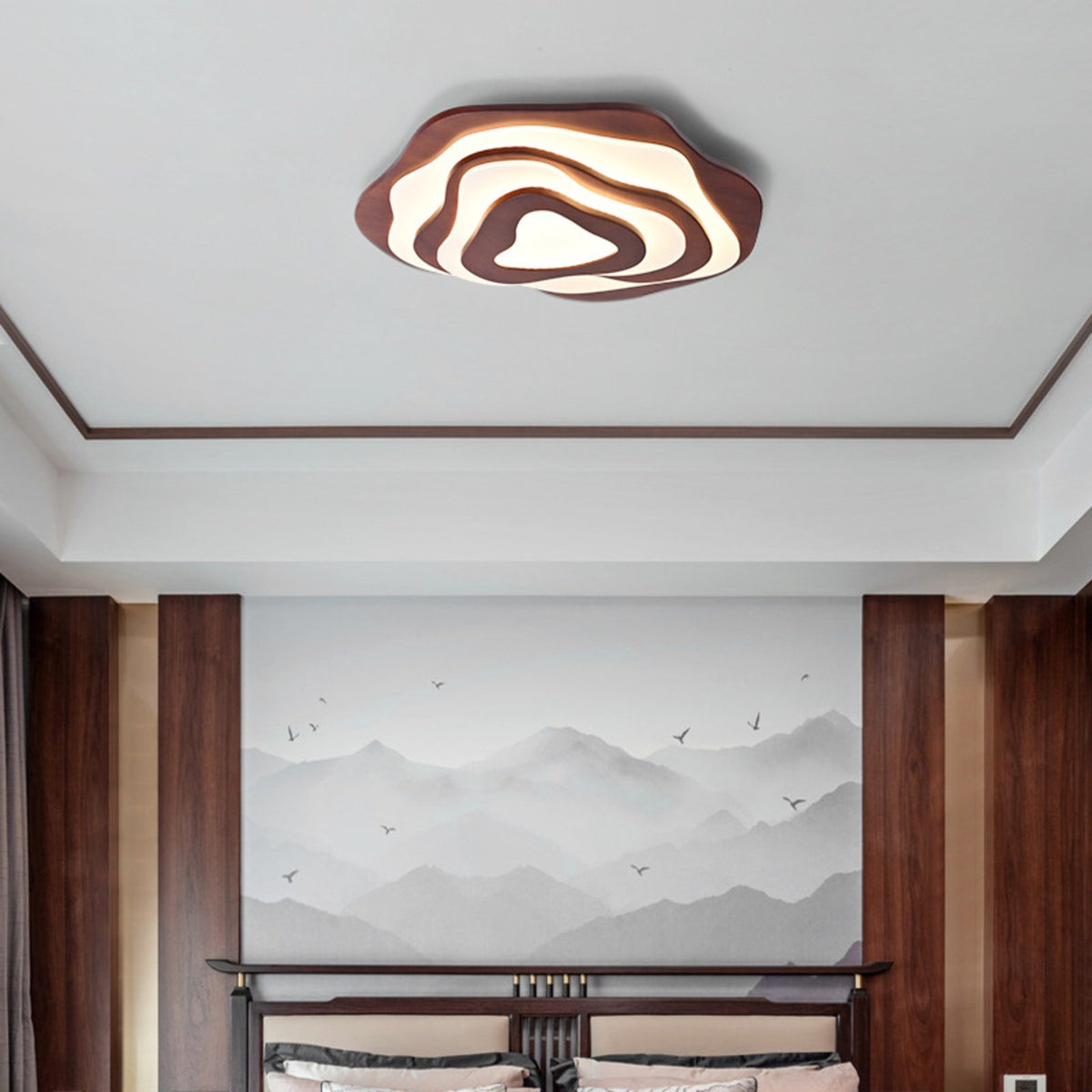 Sazanami aged wood ceiling light in a bedroom