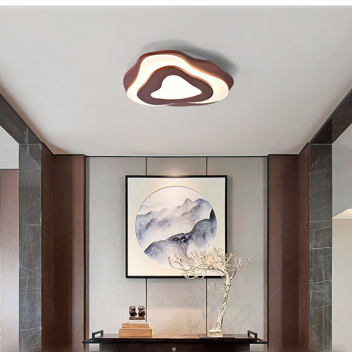 Sazanami aged wood ceiling light in an entry with console