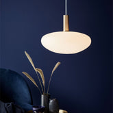 Selma oval opal glass pendant above a side table with dried grasses