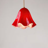 Red glass skirt pendant light lit