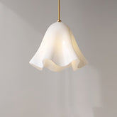 White glass skirt pendant light lit