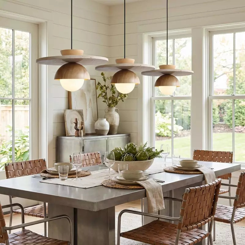 Kuda Globe Travertine Japandi Wood Pendant