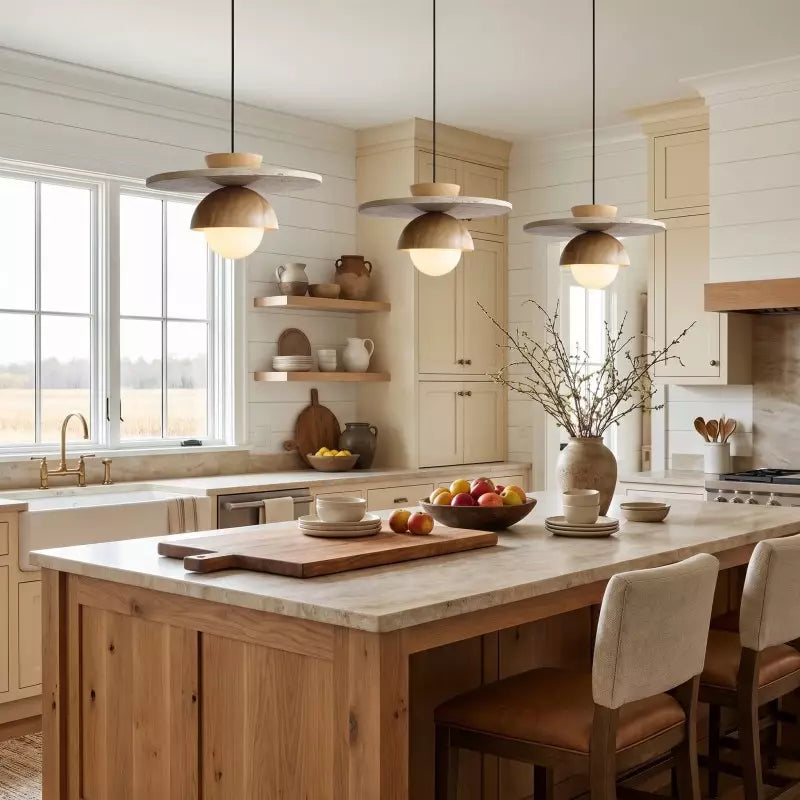 Kuda Globe Travertine Japandi Wood Pendant