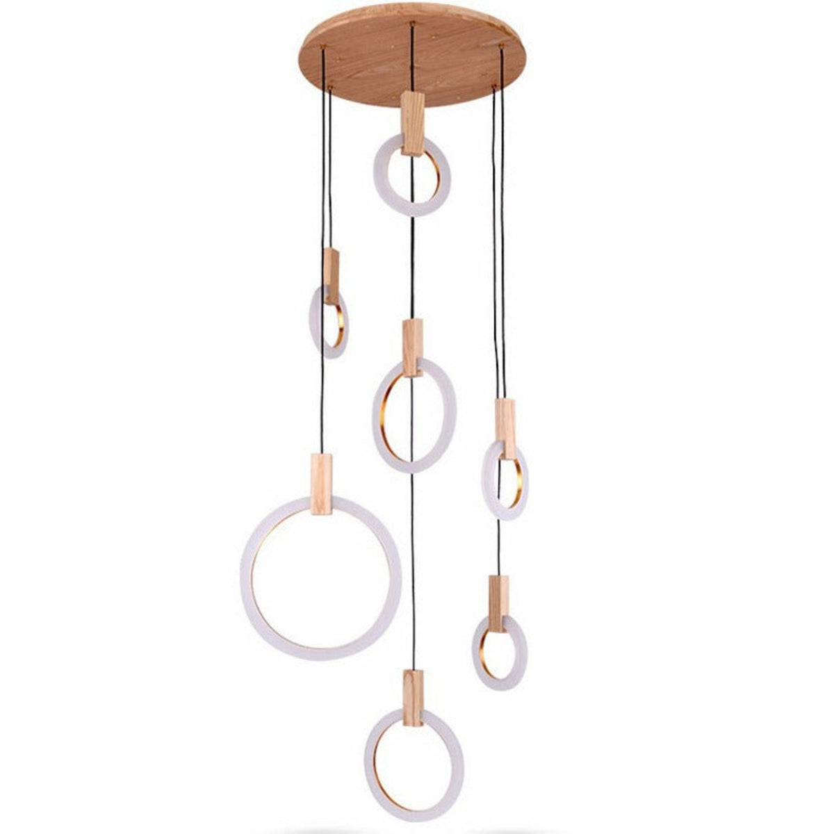 Ylva wood ring LED chandelier with five rings