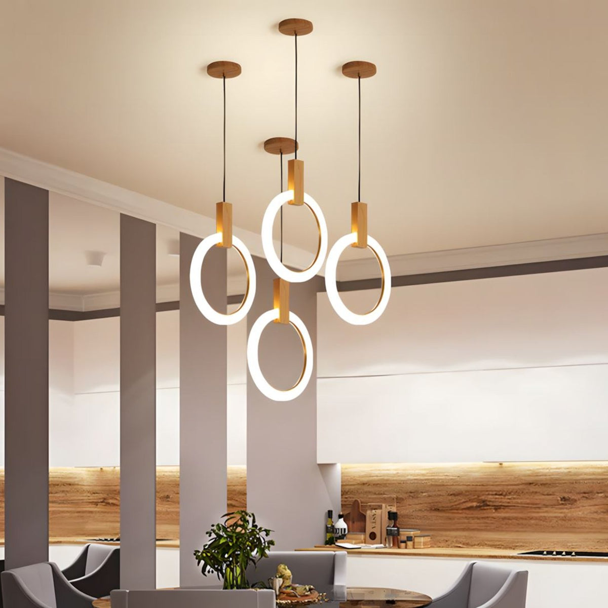 Ylva rings hung at staggered heights in an open plan kitchen